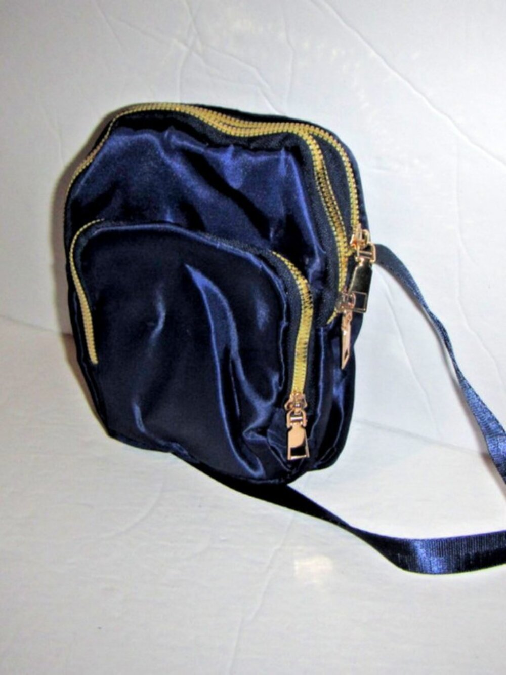 Shiny Nylon Small Cross Body Bag w/ 3 Zipper Compartments, Dark Blue